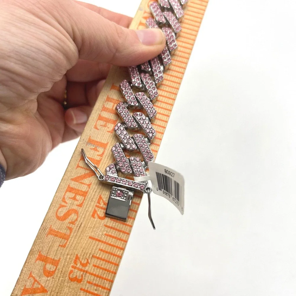 Invicta Pink Crystal Iced Out Cuban Link Chain Necklace Silver Tone 22 Inch‎